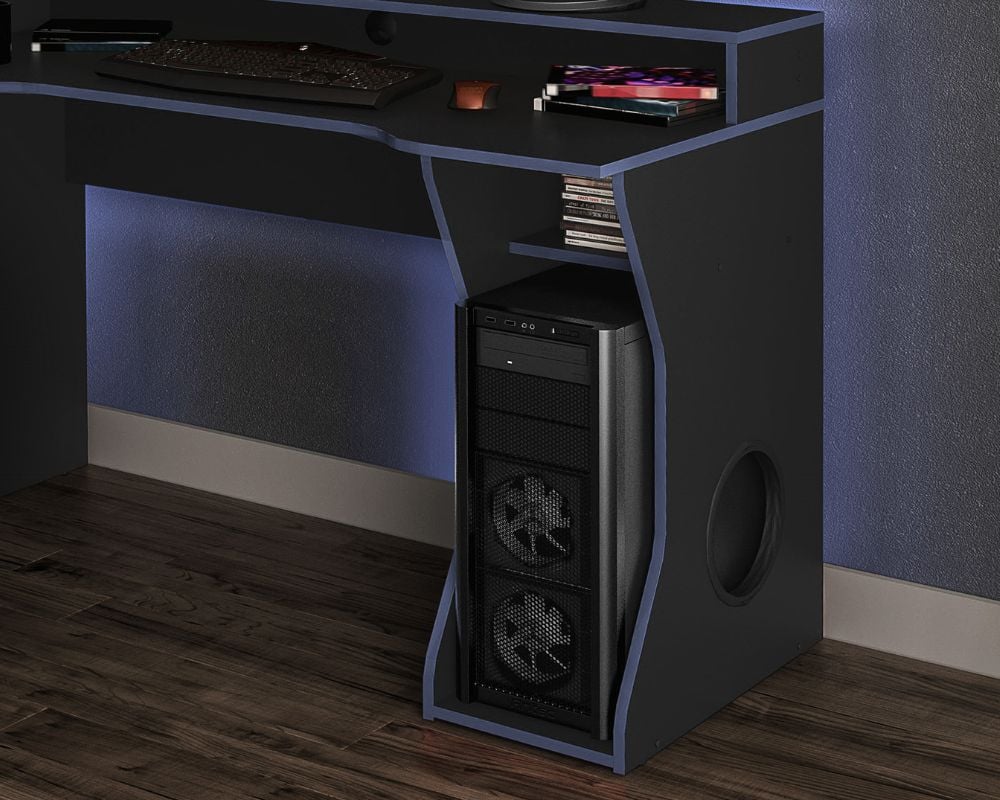 Enzo Black and Blue Gaming Desk Computer Storage
