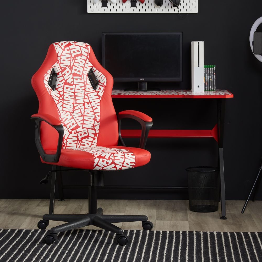Marvel Red Leather Computer Gaming Chair Logo Imagery Close-Up