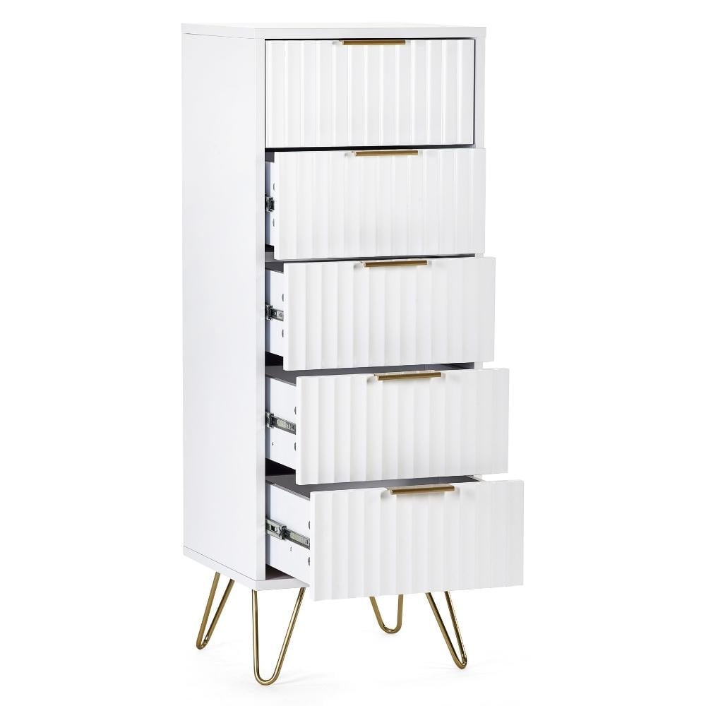 Murano White Wooden 5 Drawer Tallboy Exterior Close-Up