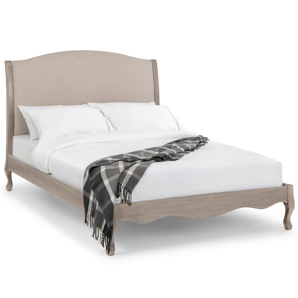 Camille Oatmeal Fabric And Oak Wooden Bed Full Shot