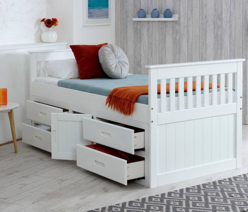 Captain's White Wooden Storage Bed Full Body Image 3