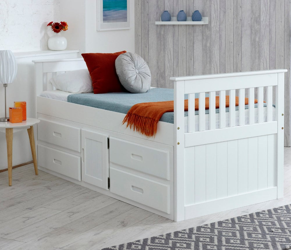 Captain's White Wooden Storage Bed Full Body Image 1