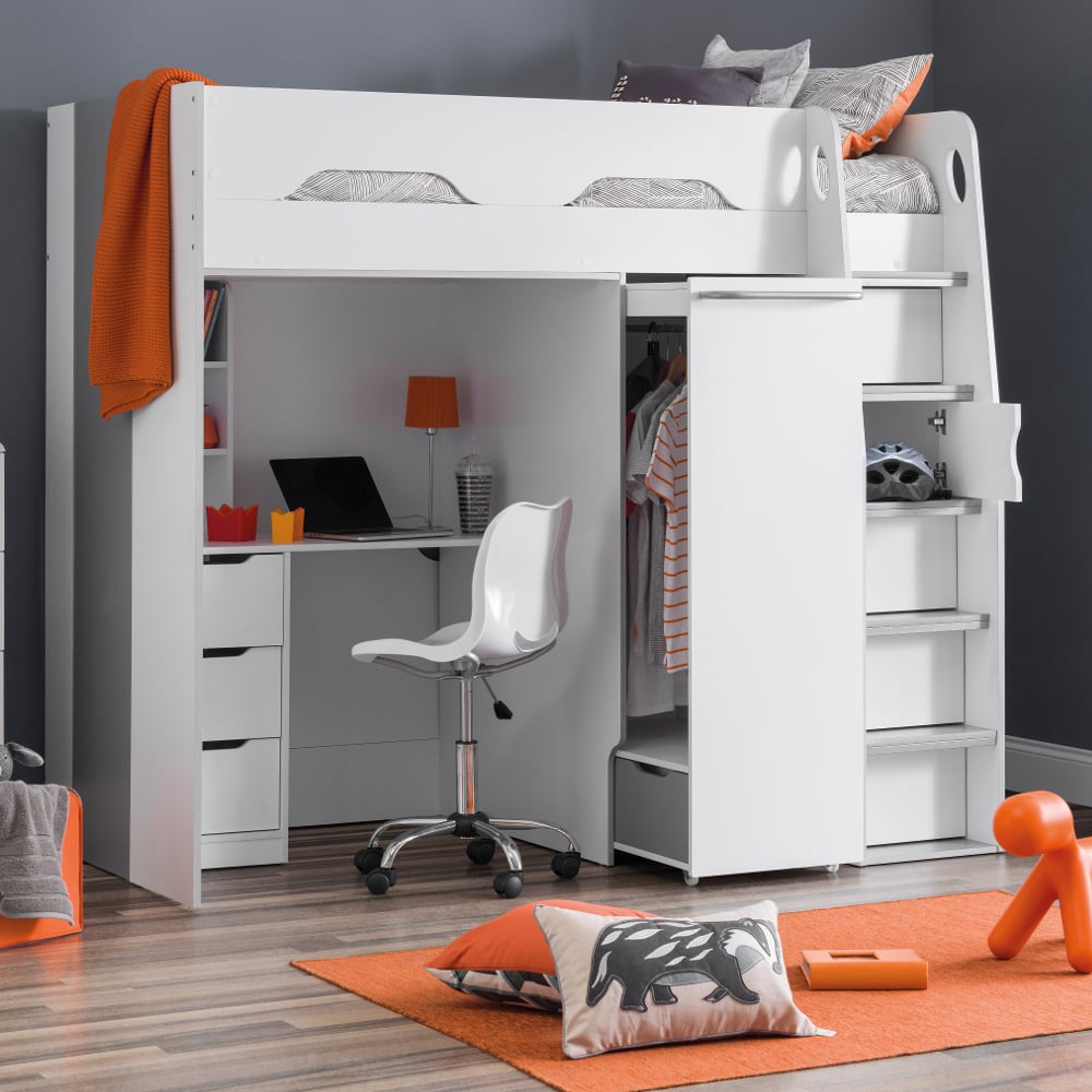 Happy Beds Pegasus White And Silver High Sleeper Desk