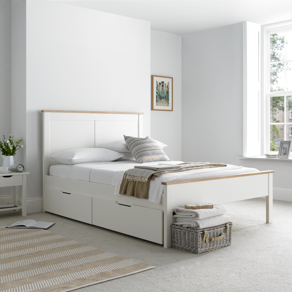 Vigo White and Oak Wooden Bed With Drawers