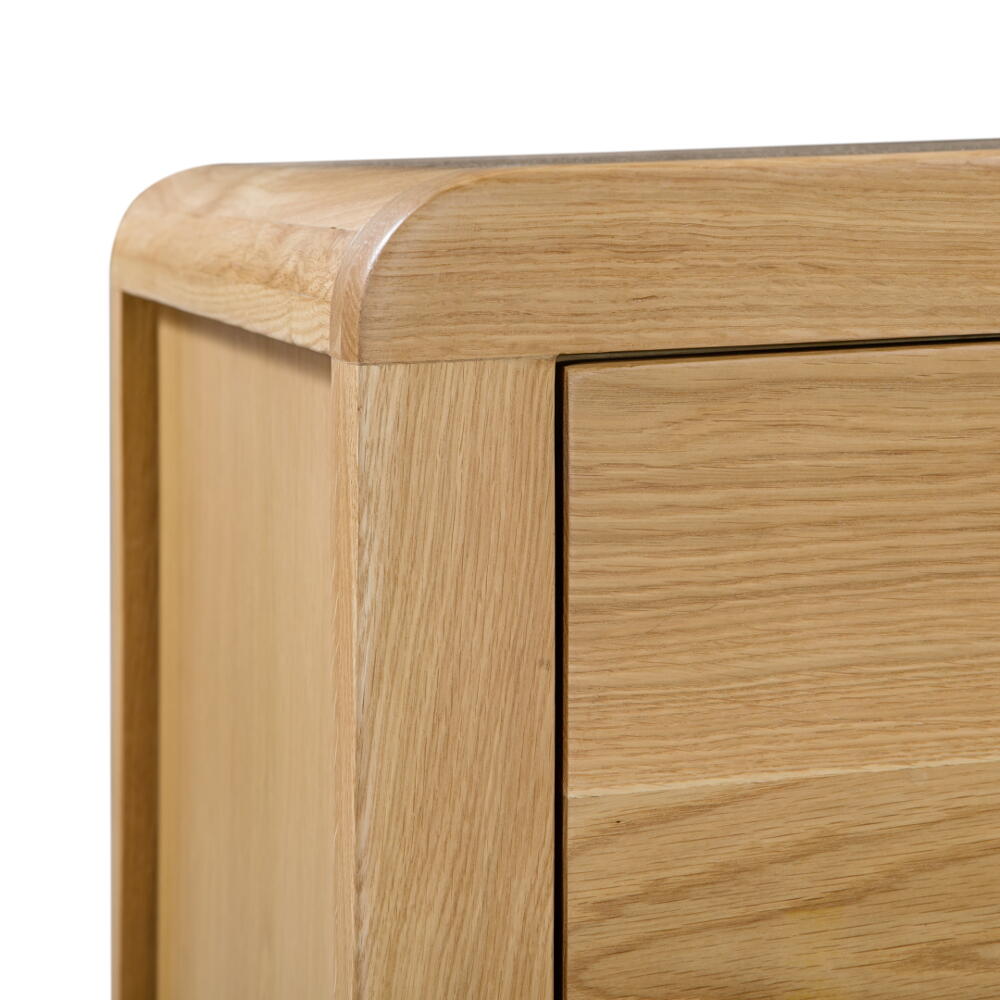 Curve Oak 3 Drawer Wooden Bedside Table Corner Image