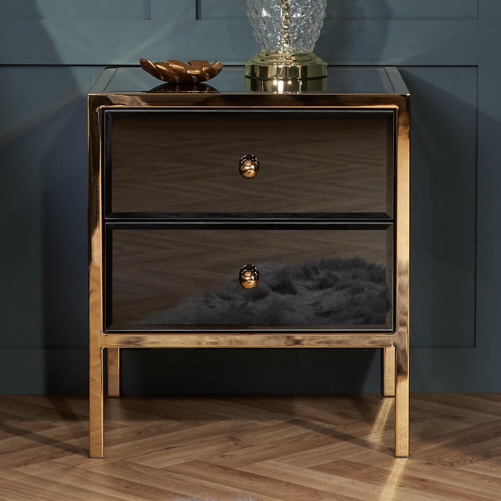 Fenwick Black And Gold 2 Drawer Bedside Table Front Image