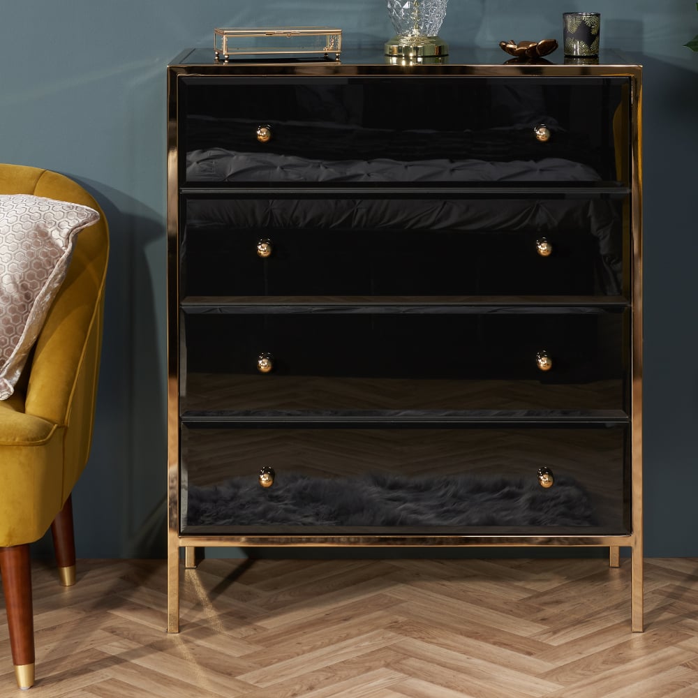 Fenwick Black and Gold 4 Drawer Chest Front Shot