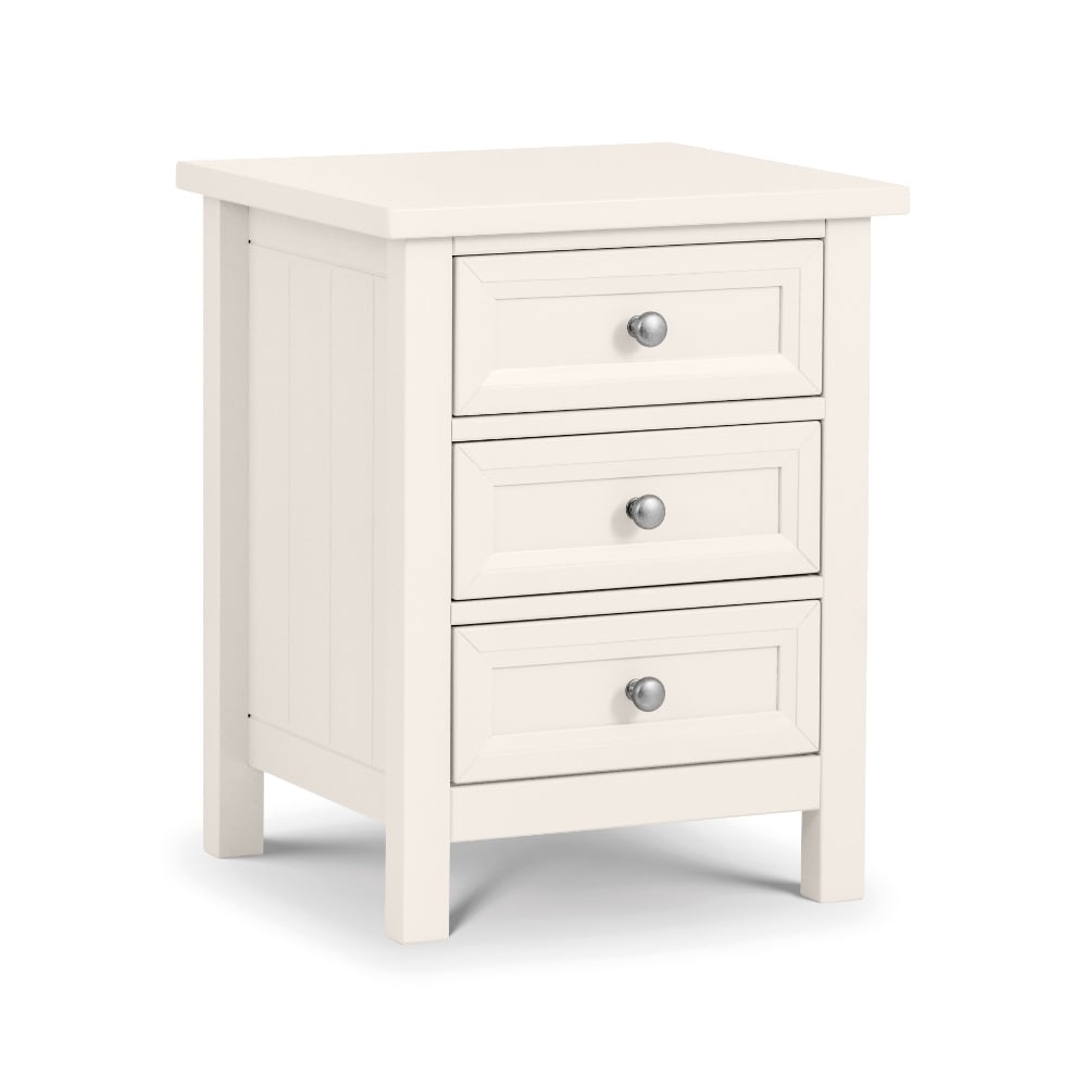 Maine White 3 Drawer Bedside Table Angled Shot