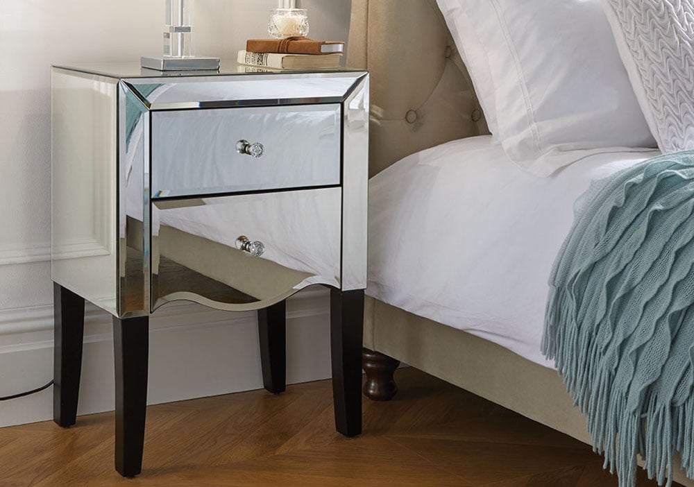 Happy Beds Palermo Mirrored 2 Drawer Bedside Table Angled Shot