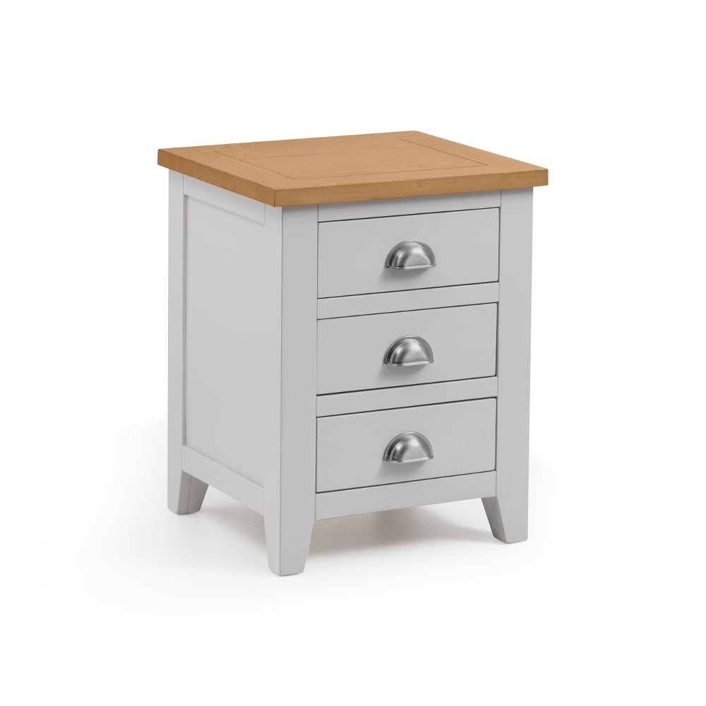Happy Beds Richmond Grey And Oak 3 Drawer Bedside Table Angled Shot