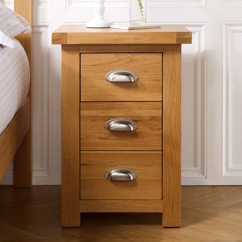 Happy Beds Woburn Oak Large 3 Drawer Bedside Table Front View