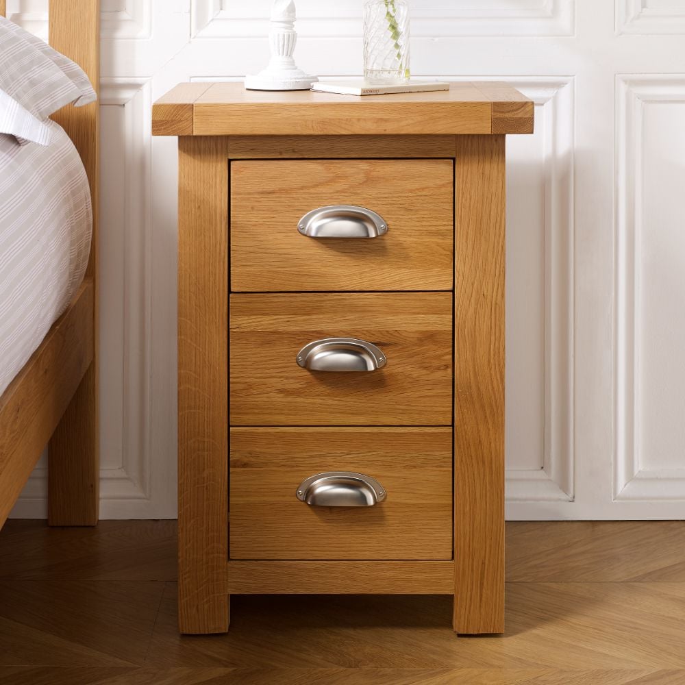 Happy Beds Woburn Oak Small 3 Drawer Bedside Table Front View