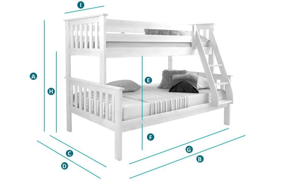 Happy Beds Atlantis Solid Pine Triple Sleeper Sketch Dimensions