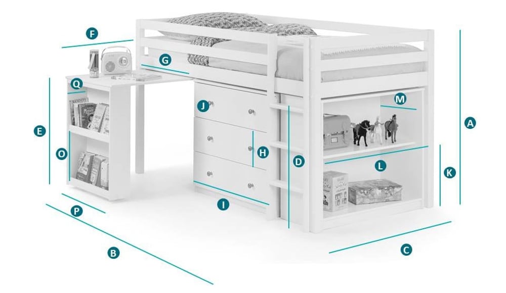 Happy Beds Roxy Mid Sleeper Sketch Dimensions