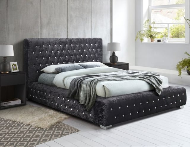 Grande Black Crushed Velvet Fabric Bed