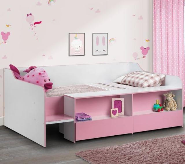 Stella Pink and White Wooden Kids Low Sleeper Cabin Storage Bed