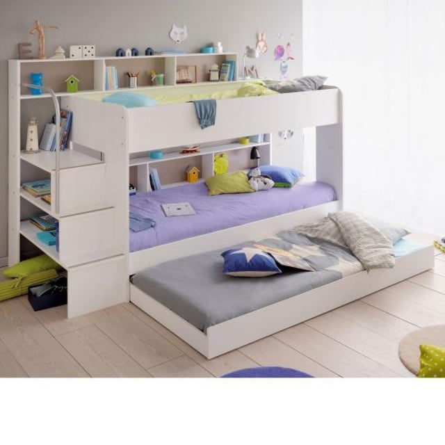 Bibop White Wooden Bunk Bed with Underbed Trundle