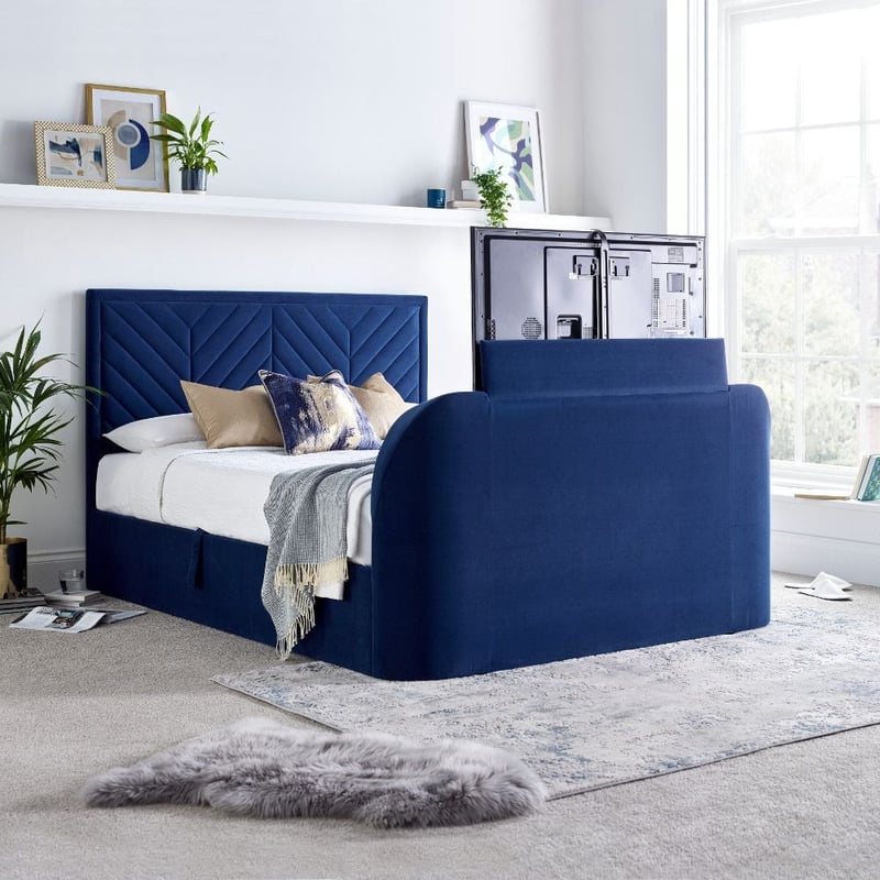 Sherlock Blue Velvet Ottoman TV Bed Happy Beds