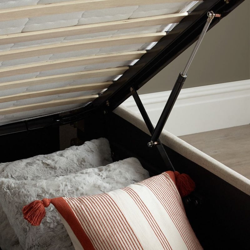 Wilson Oatmeal Fabric Ottoman Storage Bed Frame 5ft King Size