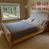 Belle Oak Fabric and Wooden Scroll Bed