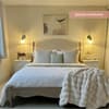 Camille Oatmeal Fabric and Oak Wooden Bed