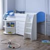 Eli White and Blue Wooden Mid Sleeper with Desk and Chest
