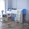 Eli White and Blue Wooden Mid Sleeper with Desk and Shelving Unit