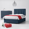 Blue Fabric Divan Bed & Cornell Button Headboard