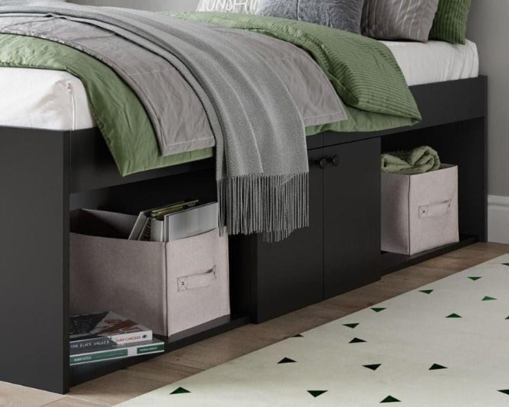 Full size black platform store bed with storage