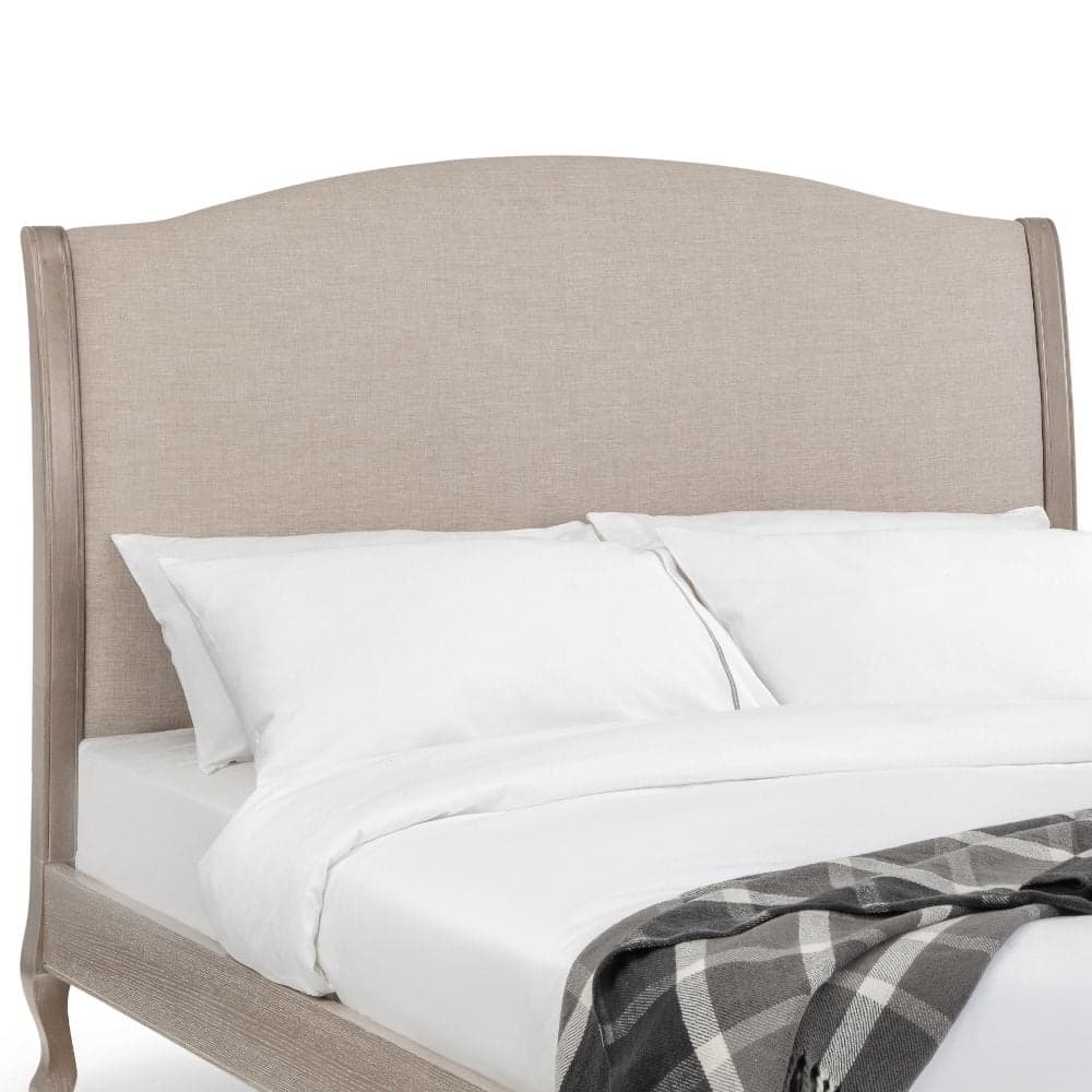 Camille Oatmeal Fabric and Oak Wooden Bed Happy Beds