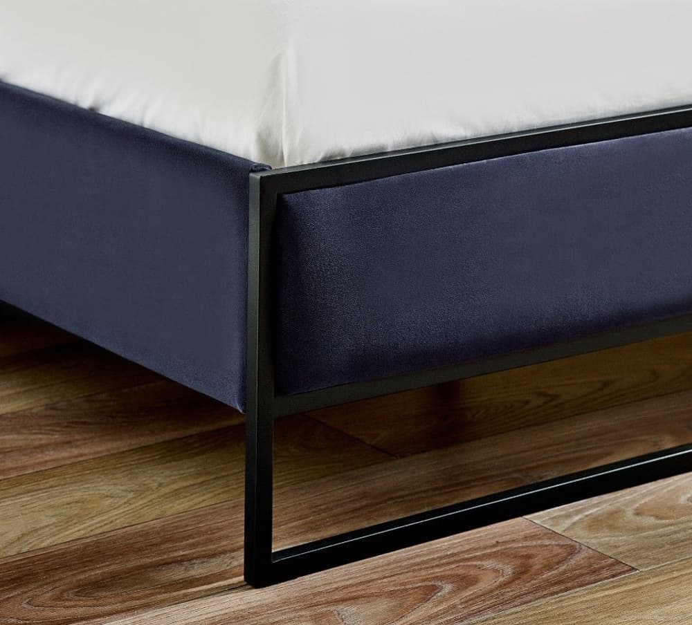 Cooper Navy Blue Fabric and Black Metal Bed Frame Happy Beds
