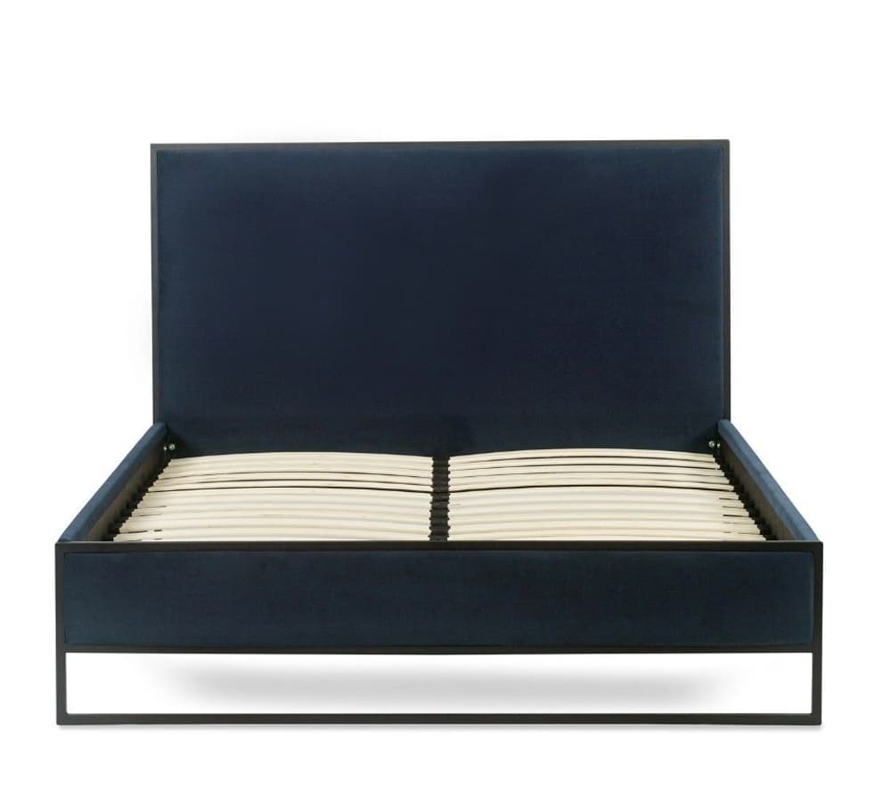 Cooper Navy Blue Fabric and Black Metal Bed Frame Happy Beds