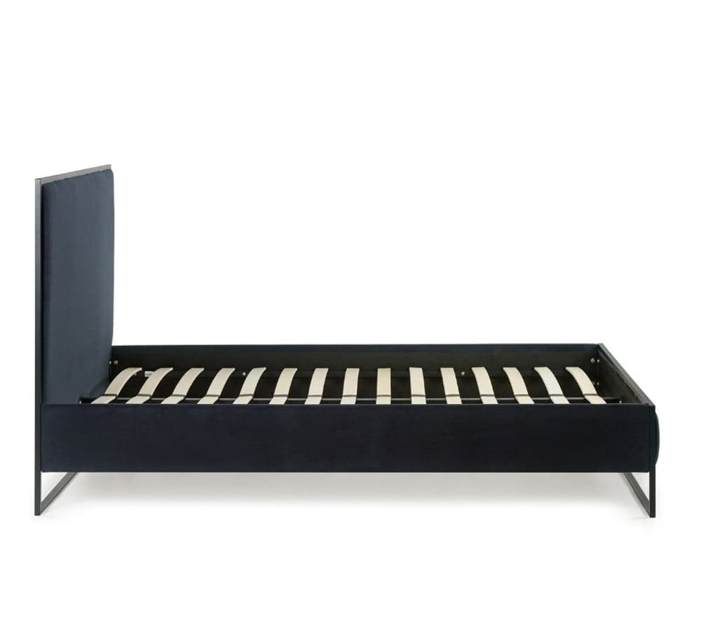 Cooper Navy Blue Fabric and Black Metal Bed Frame Happy Beds