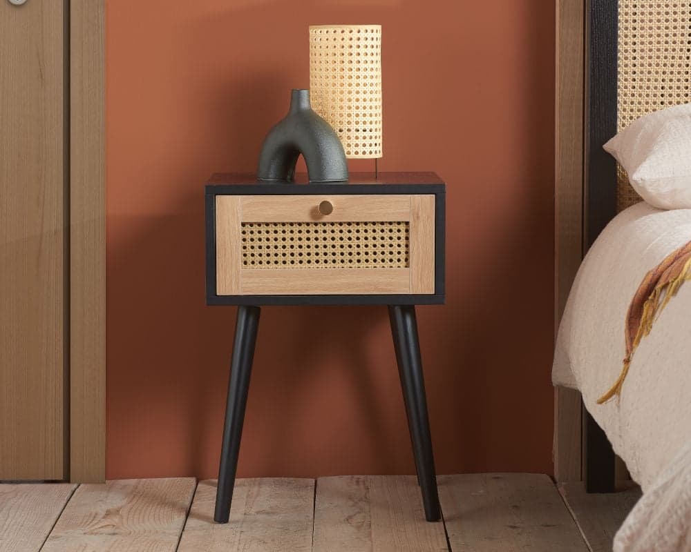 Croxley Black 1 Drawer Rattan Bedside Table Happy Beds