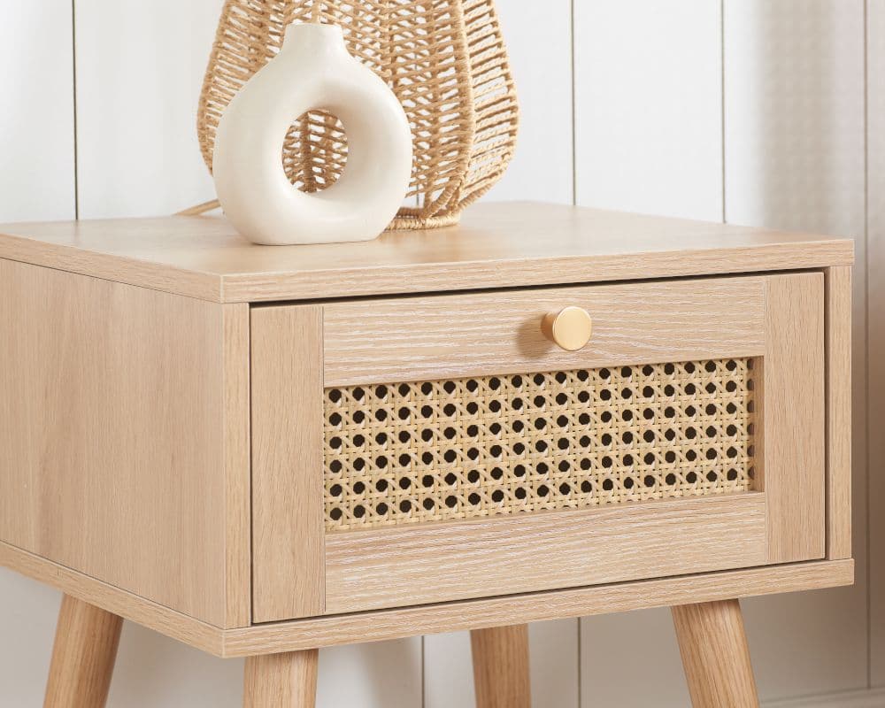 Oak rattan bedside clearance table