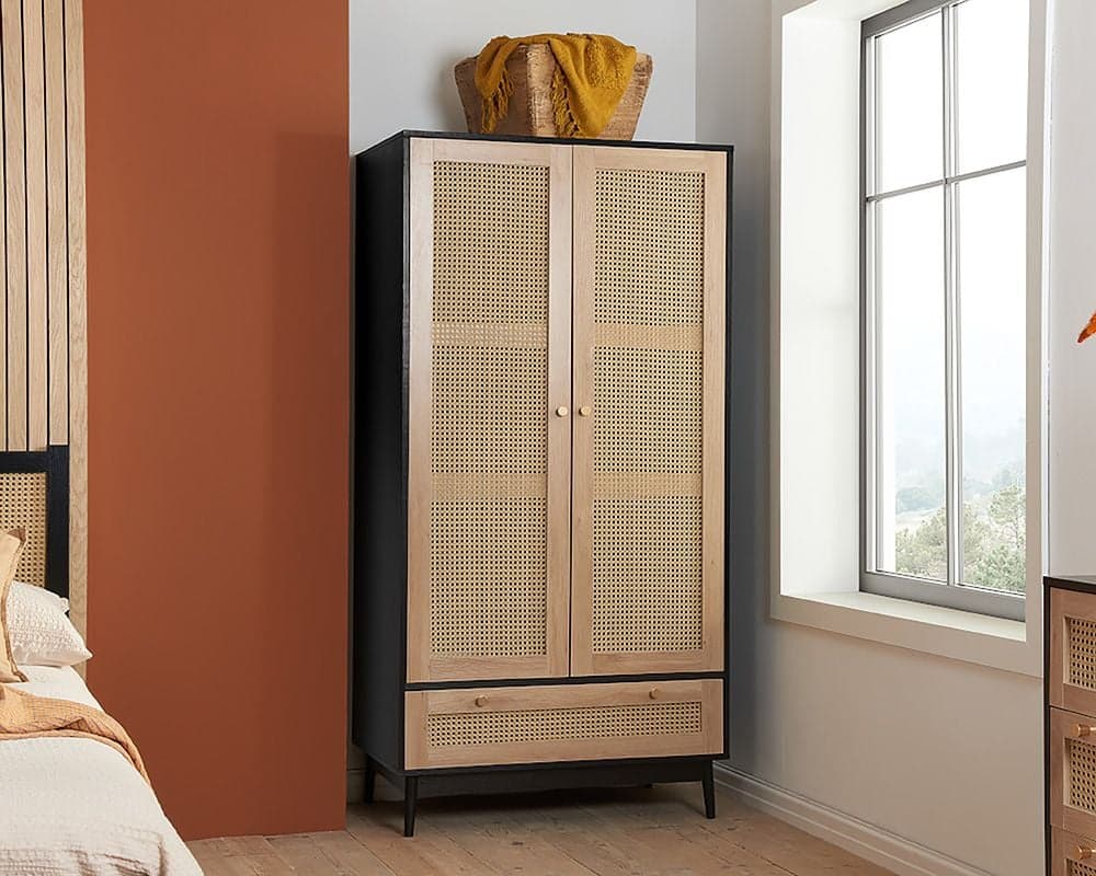 Croxley Black 2 Door 1 Drawer Rattan Wardrobe Happy Beds
