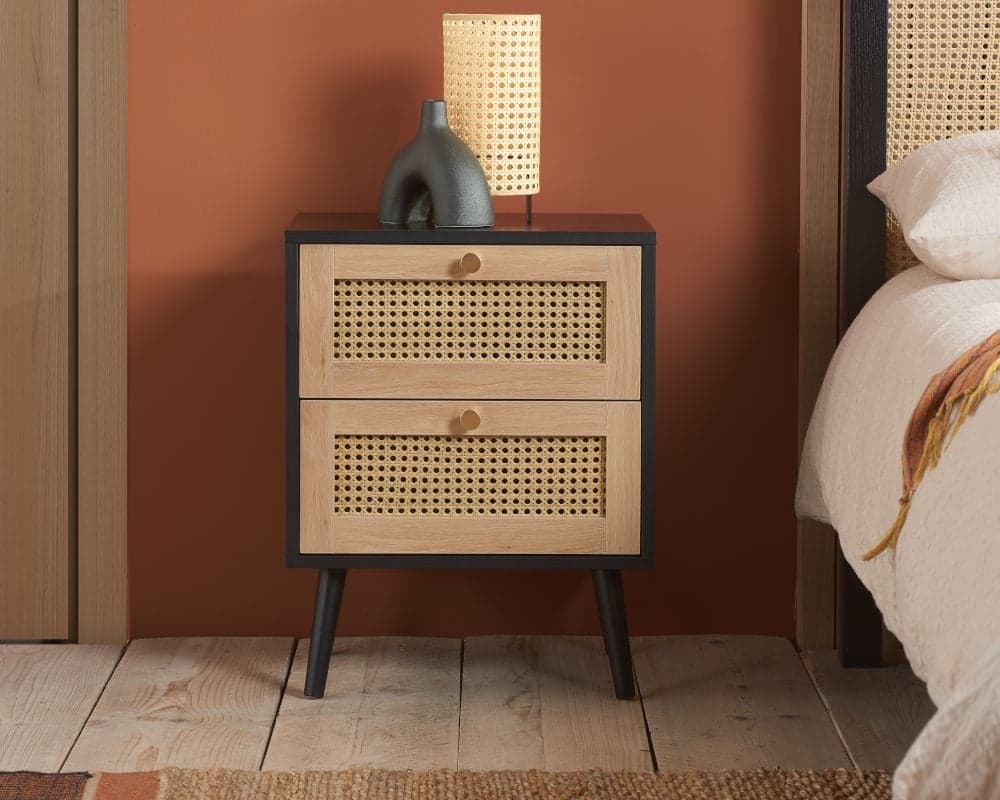 Croxley Black 2 Drawer Rattan Bedside Table Happy Beds