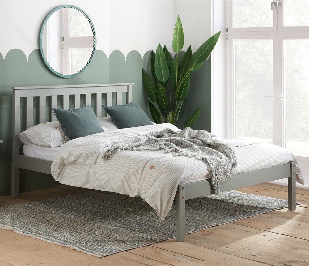 Grey wooden double store bed frames