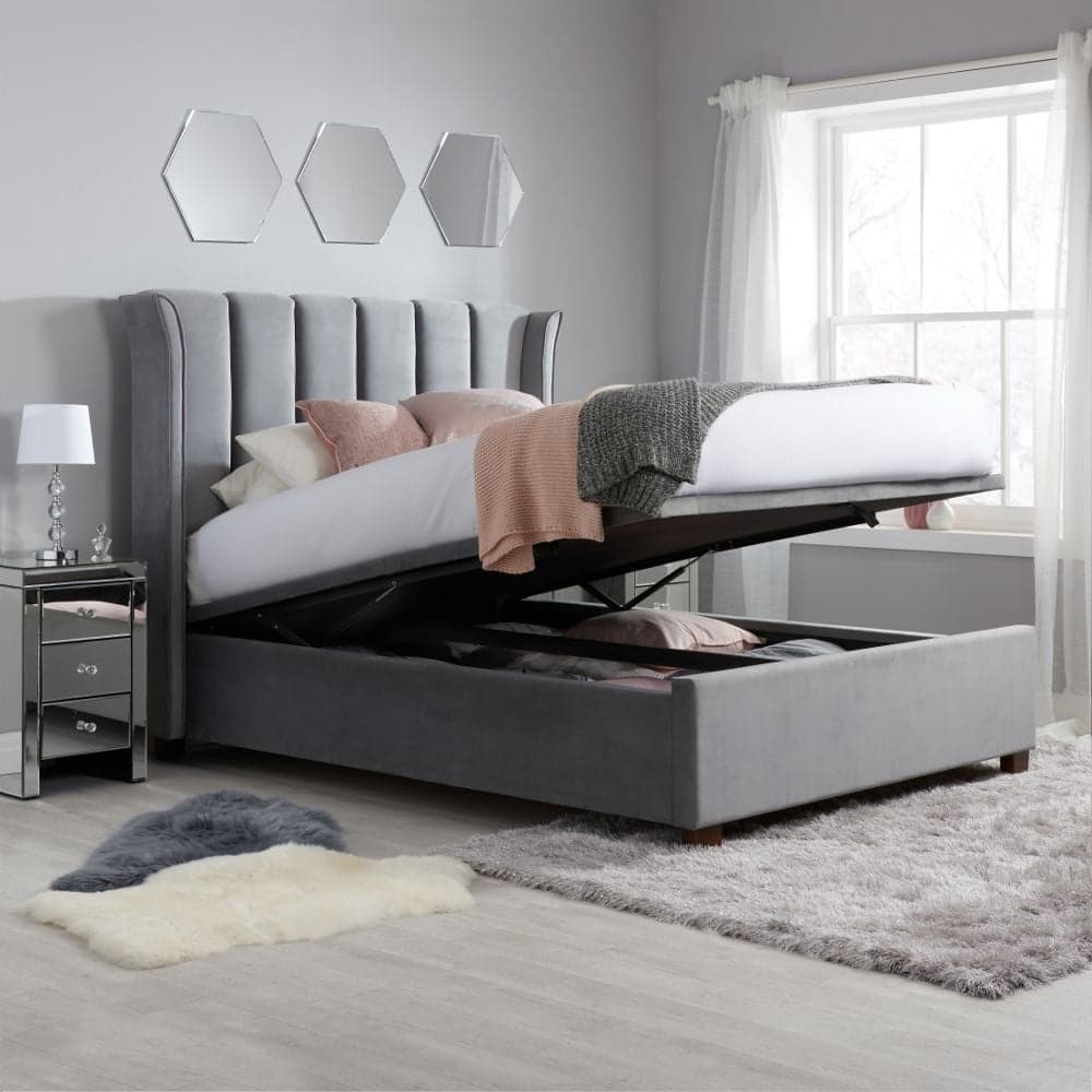 Fenton Grey Velvet Ottoman Bed Happy Beds