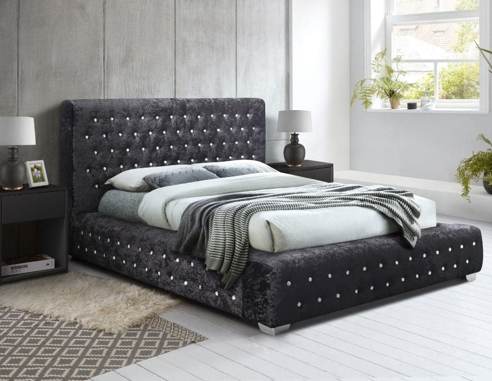 Crushed velvet bed frame with deals diamonds