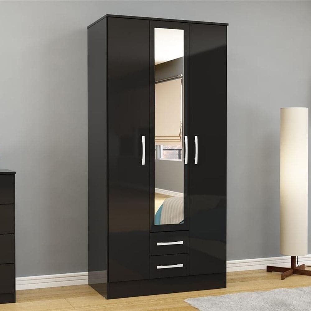 Lynx 3 Door Combination Mirrored Wardrobe Black | Happy Beds