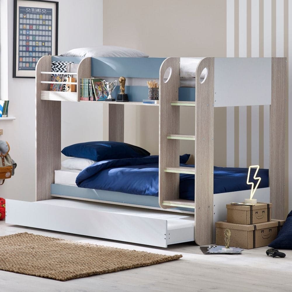 Mars Pastel Blue Bunk Bed with Underbed Trundle Happy Beds