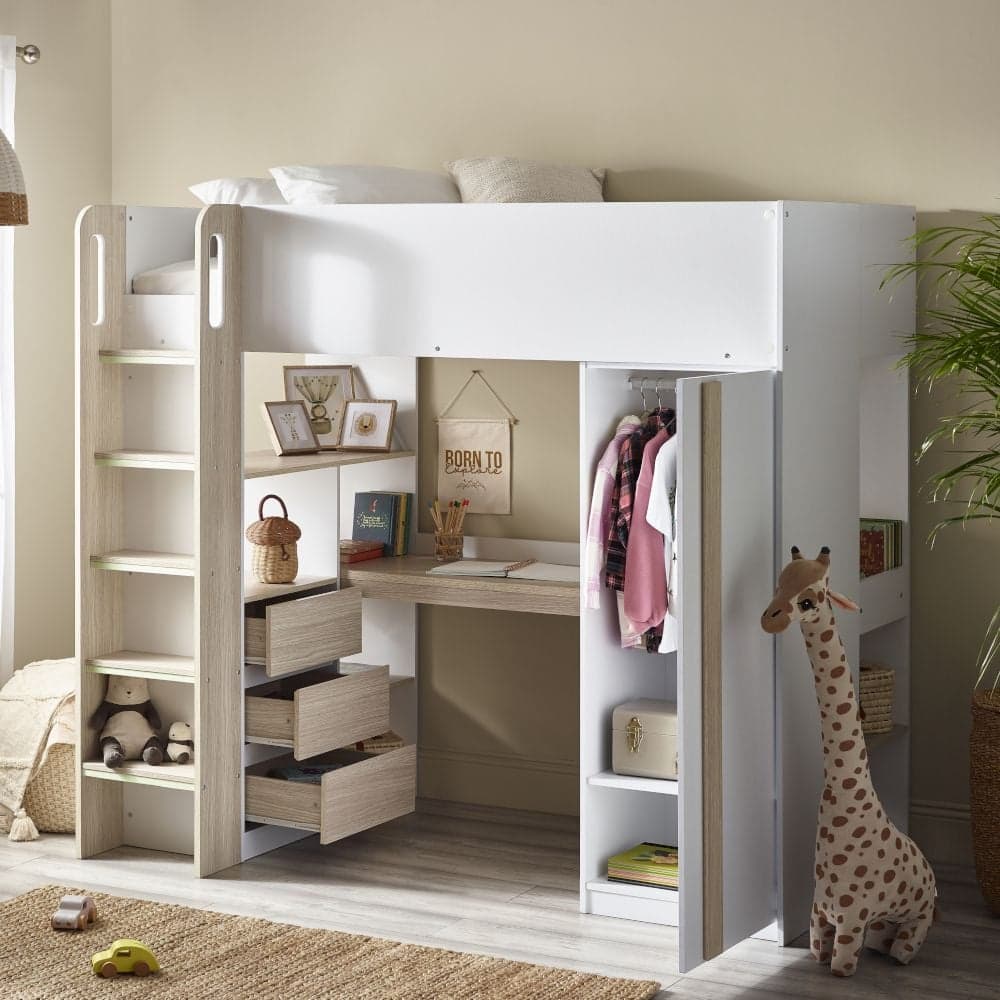 Ocean Pale Wood and White Wooden High Sleeper Happy Beds