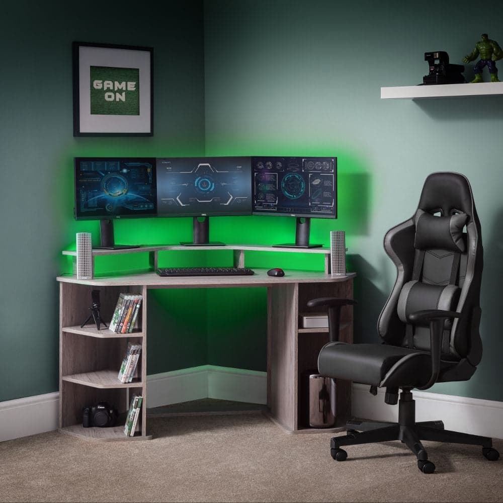 Orbit Grey Oak Wooden Corner Gaming Desk Happy Beds