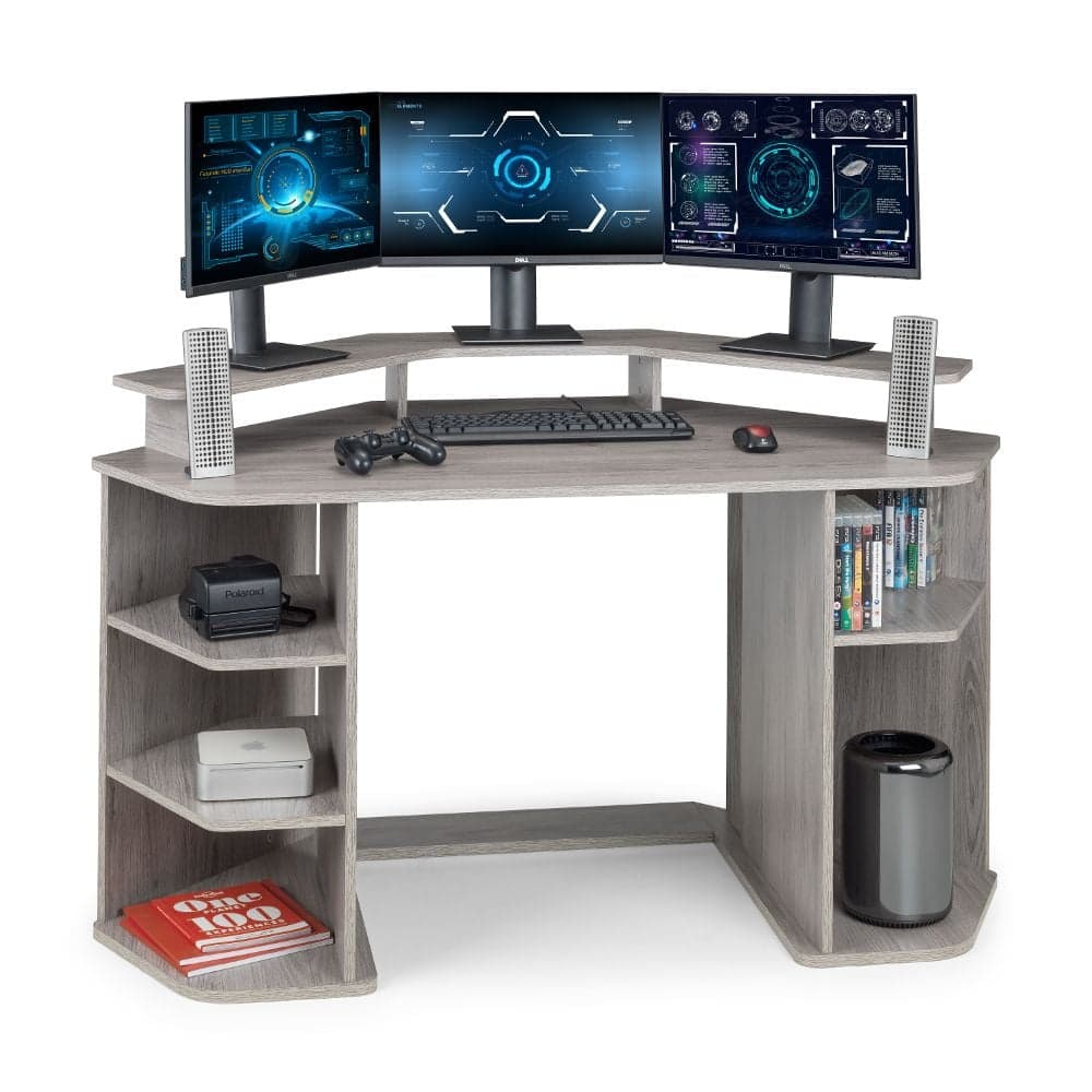 Corner gaming desk with outlet storage