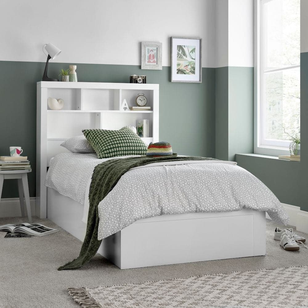 Queen size storage bed with bookcase headboard top