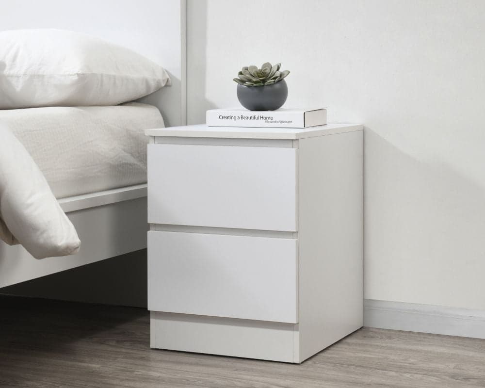 White wooden bedside tables top