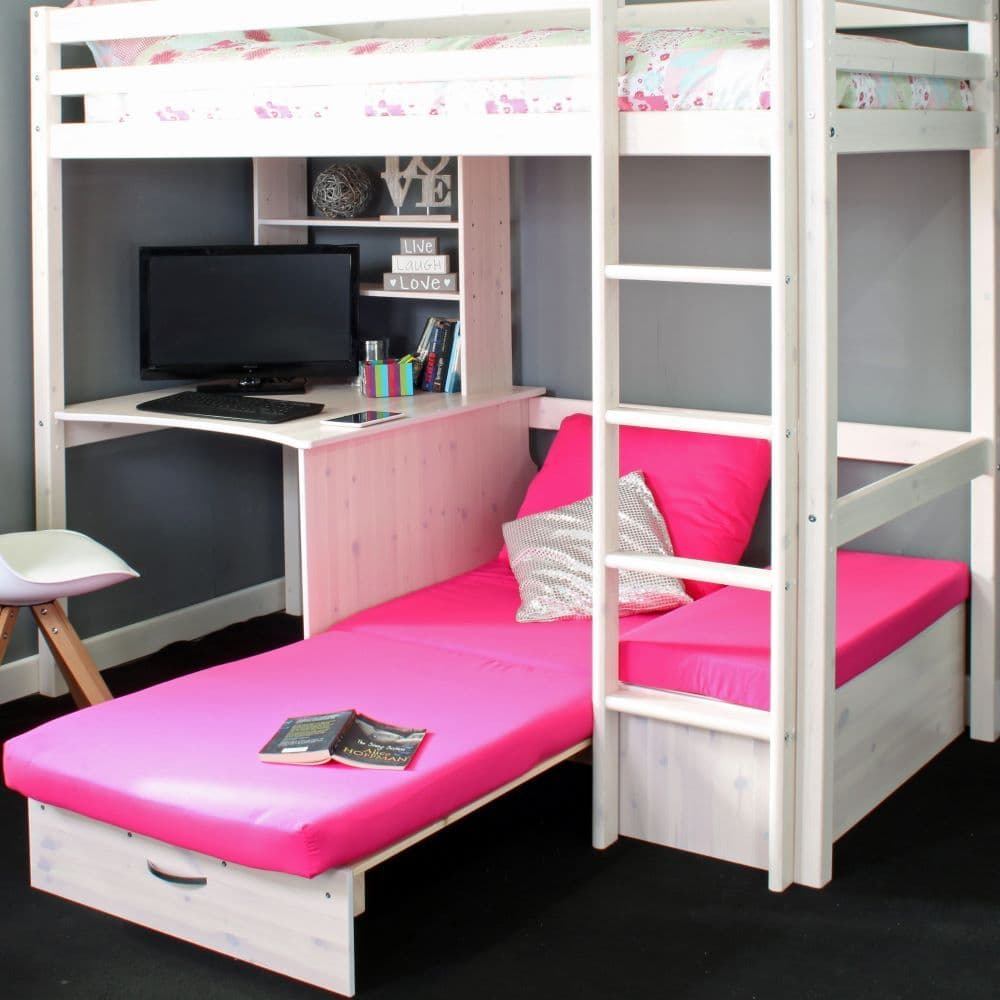 Hit White Wooden High Sleeper with Pink Futon Happy Beds