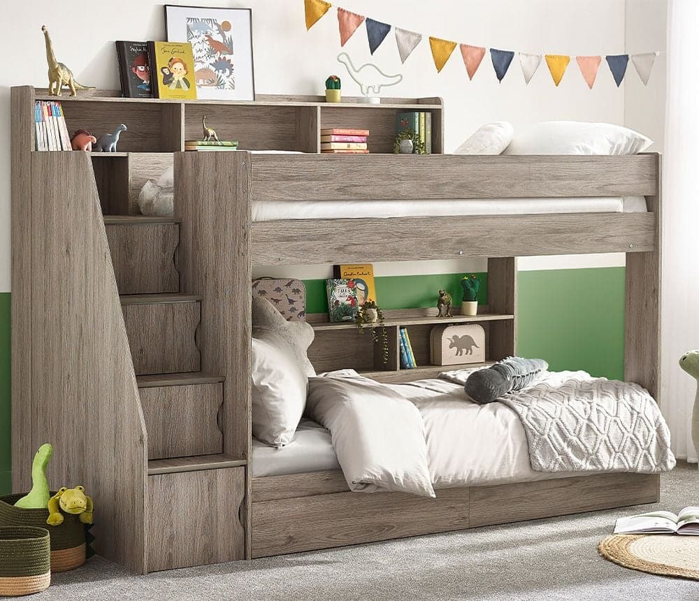 Tuscan Grey Oak Wooden Staircase Bunk Bed Happy Beds
