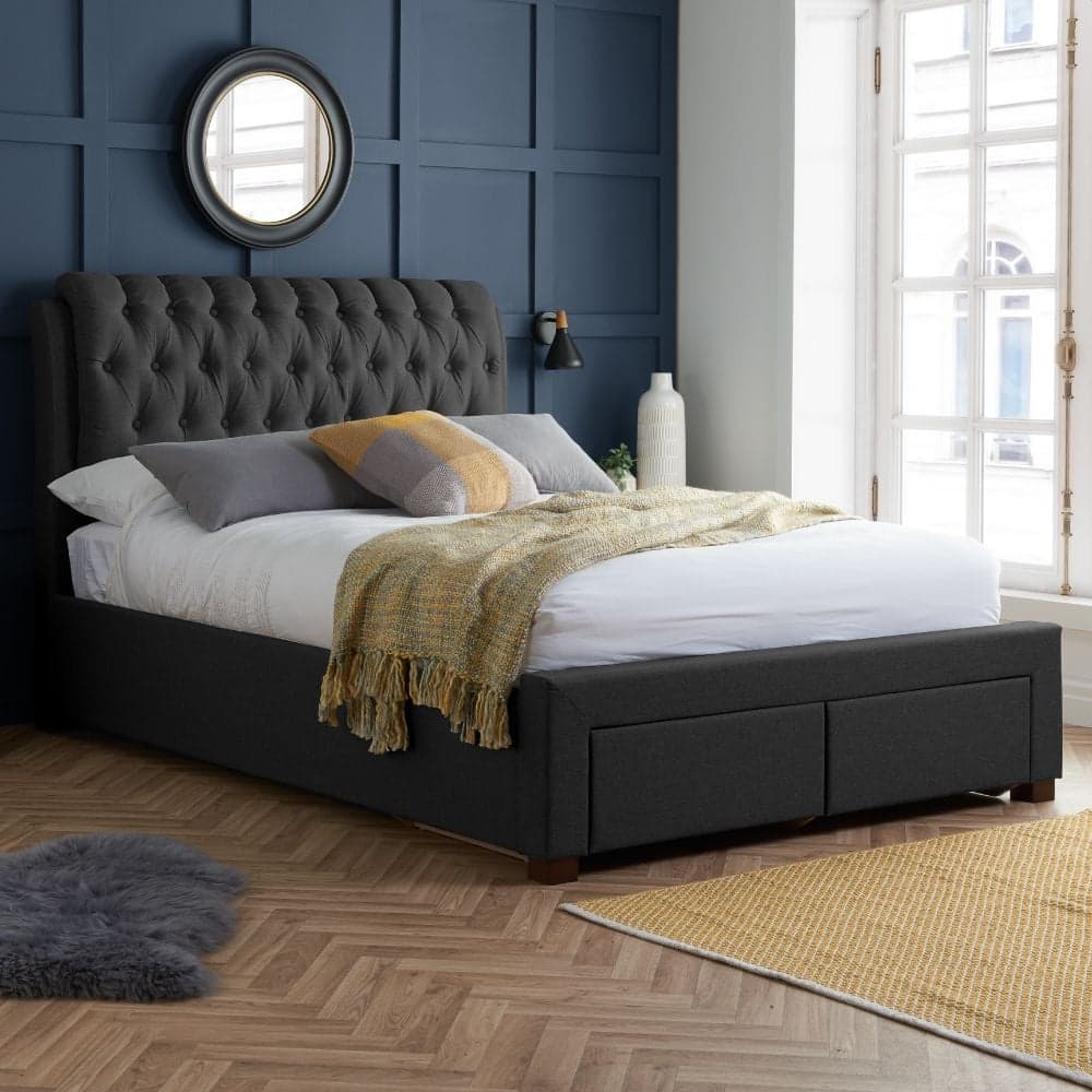 Fabric king bed shop frame with storage